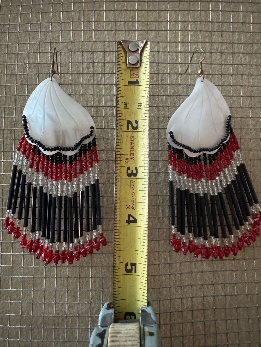 Beaded Fringe Shell Drop Earrings in White, Red & Black